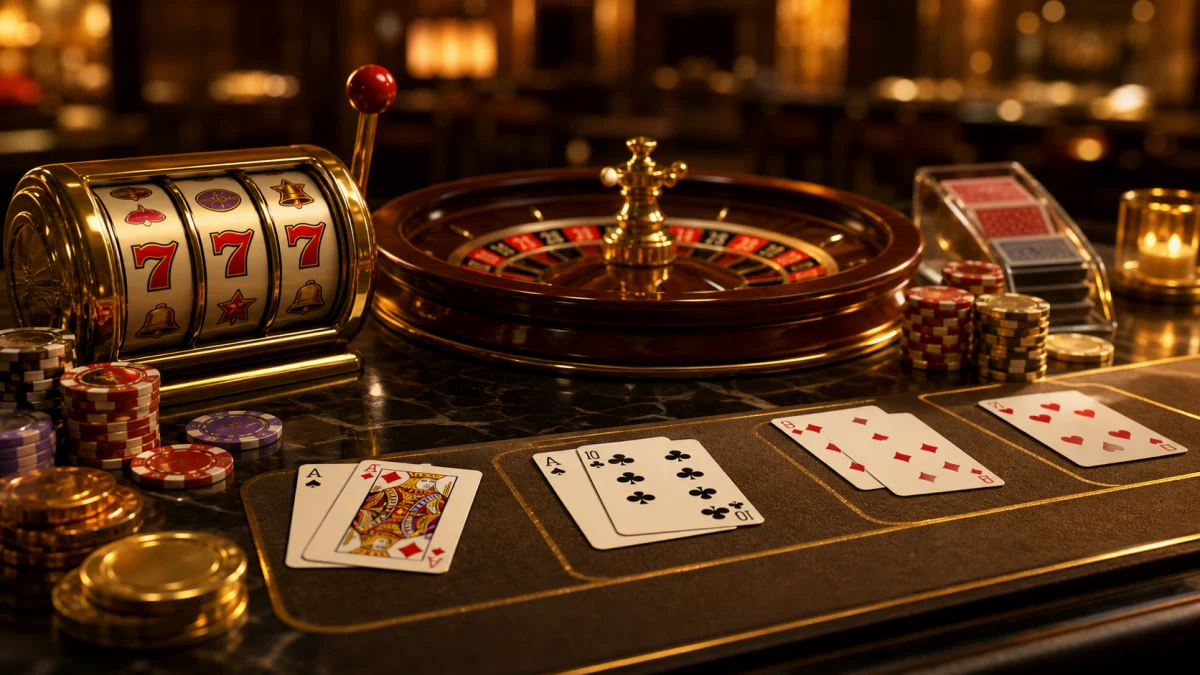 Roleta, cartas, slots e fichas representando diferentes tipos de jogos de cassino